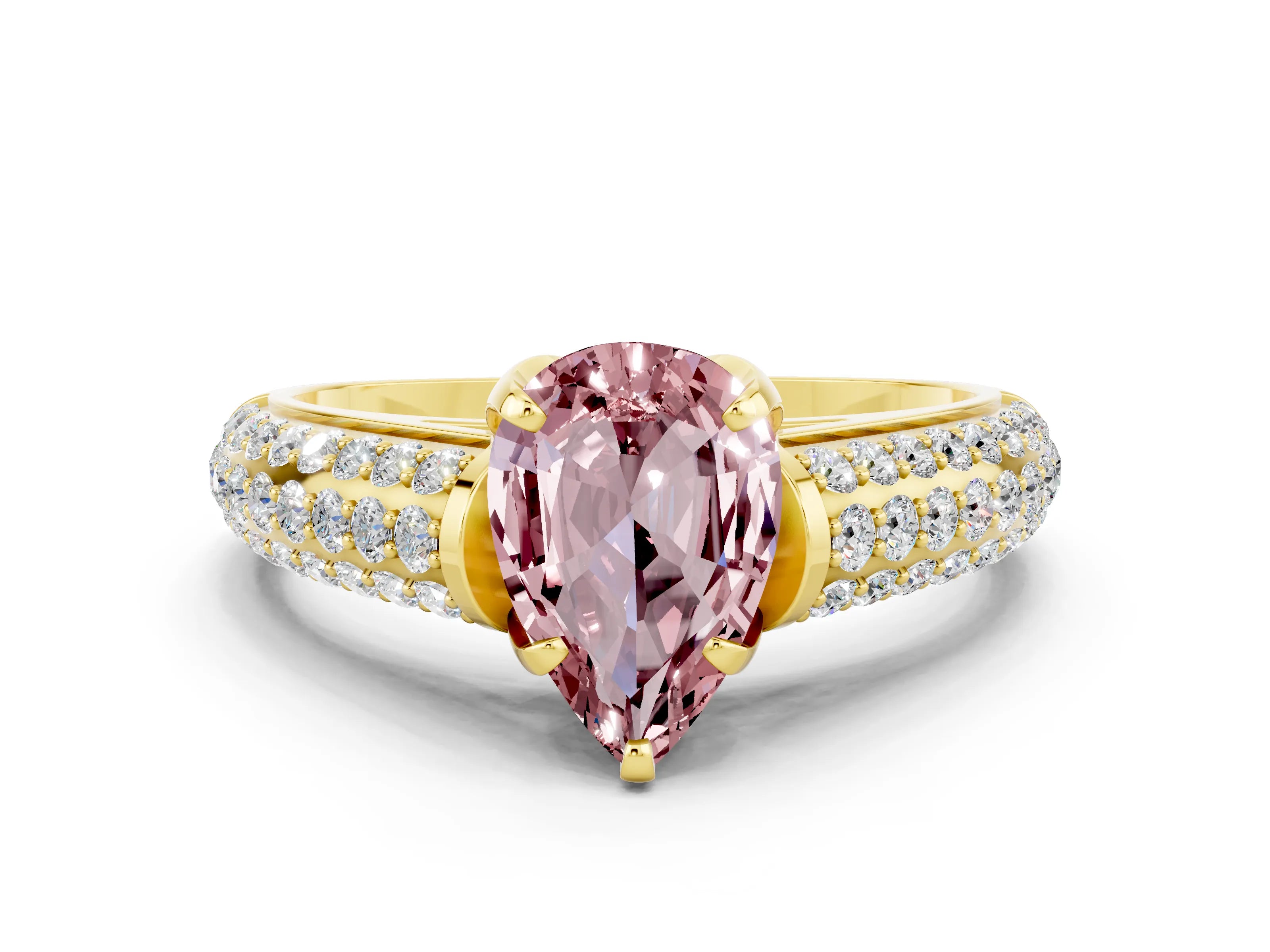 Yellow gold Pear Cut Morganite Solitaire Ring with Three-Row Pavé Band and Four-Prong Setting_12