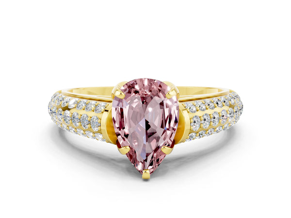 Yellow gold Pear Cut Morganite Solitaire Ring with Three-Row Pavé Band and Four-Prong Setting