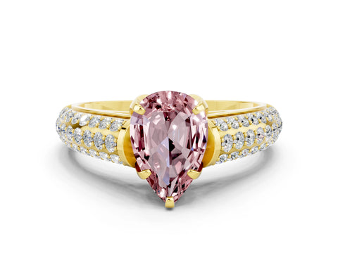 Yellow gold Pear Cut Morganite Solitaire Ring with Three-Row Pavé Band and Four-Prong Setting_12