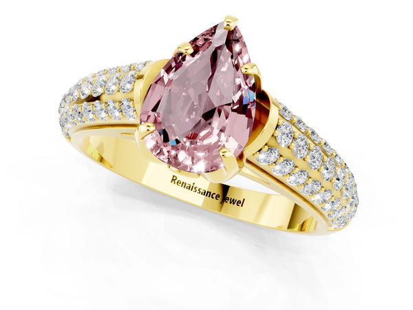 Yellow gold Pear Cut Morganite Solitaire Ring with Three-Row Pavé Band and Four-Prong Setting