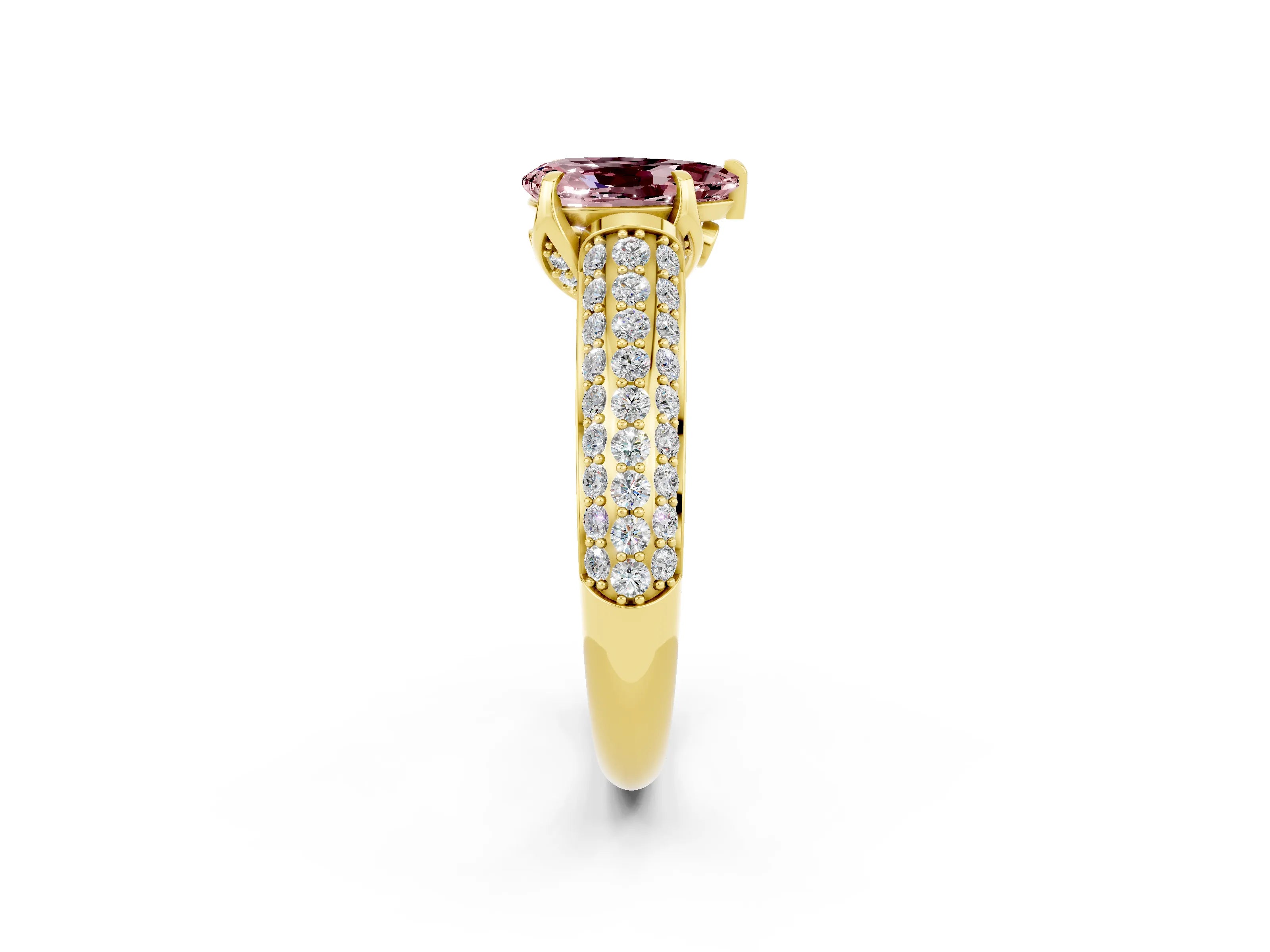 Yellow gold Pear Cut Morganite Solitaire Ring with Three-Row Pavé Band and Four-Prong Setting_14