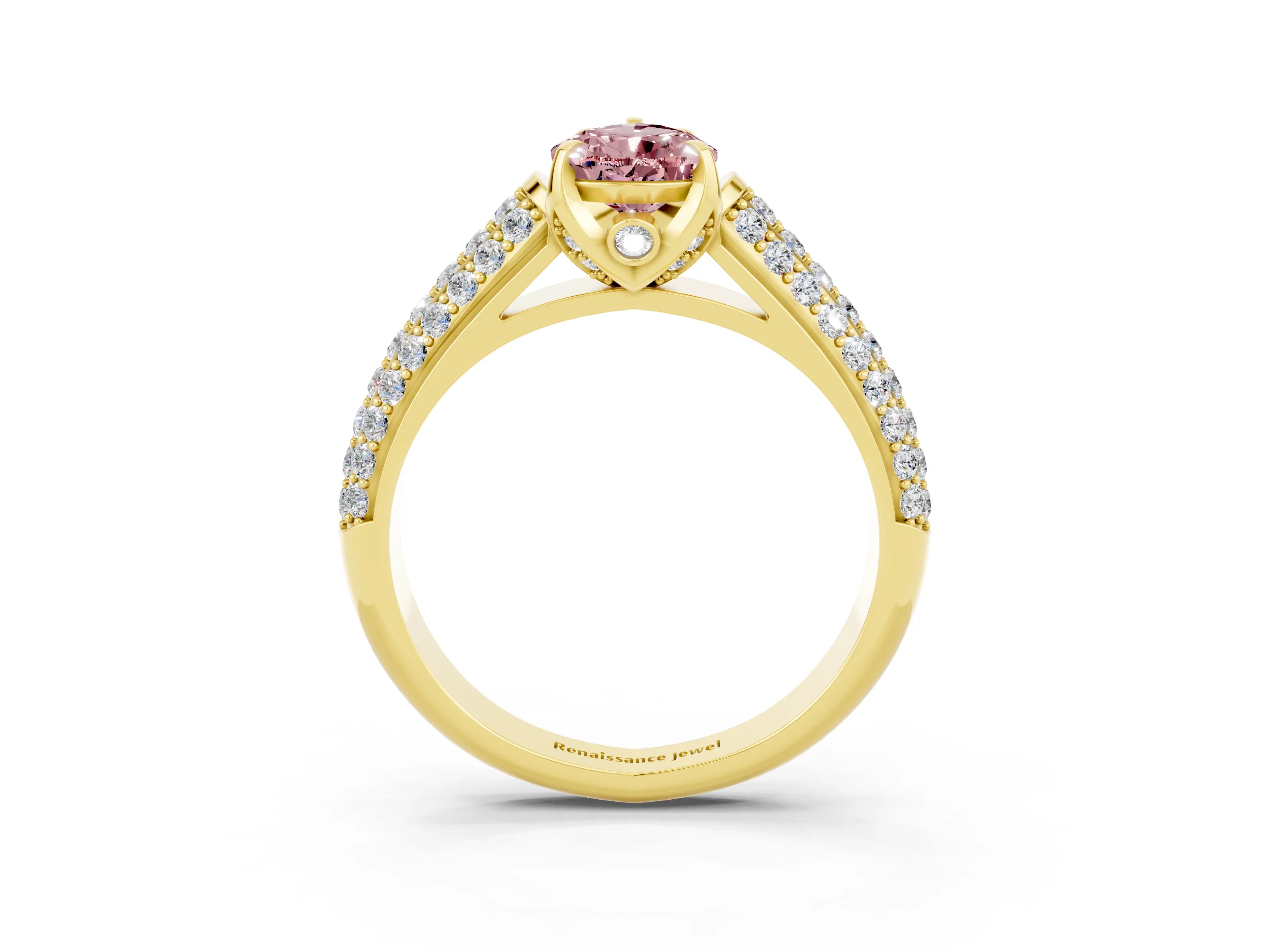 Yellow gold Pear Cut Morganite Solitaire Ring with Three-Row Pavé Band and Four-Prong Setting_15