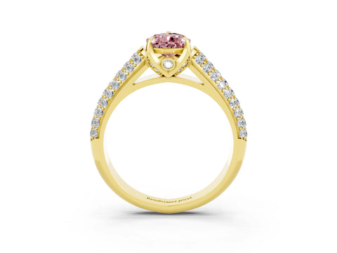 Yellow gold Pear Cut Morganite Solitaire Ring with Three-Row Pavé Band and Four-Prong Setting_15