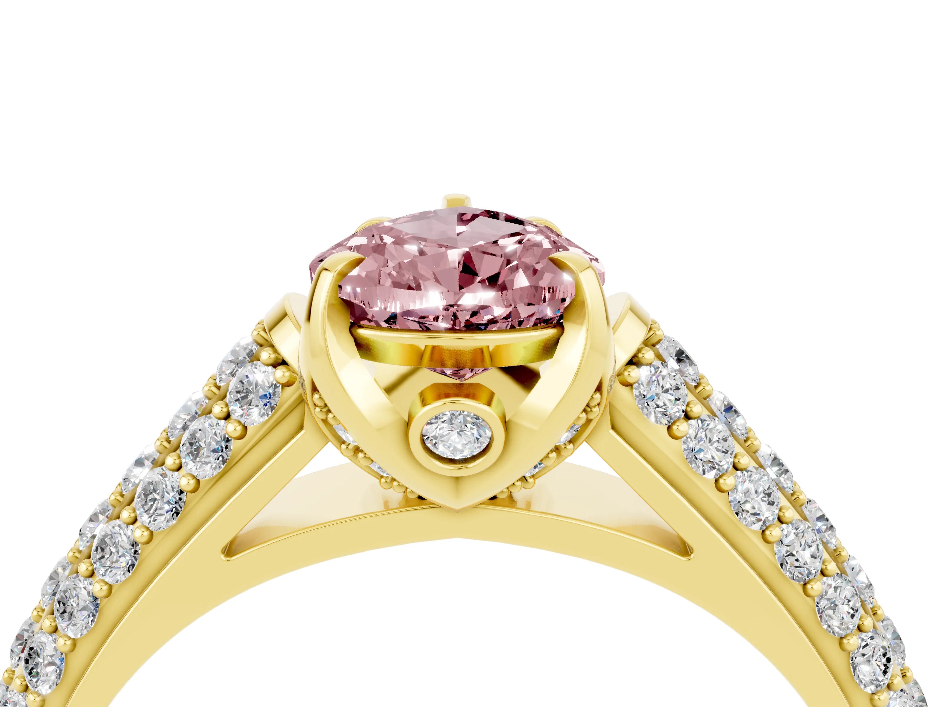 Yellow gold Pear Cut Morganite Solitaire Ring with Three-Row Pavé Band and Four-Prong Setting_16