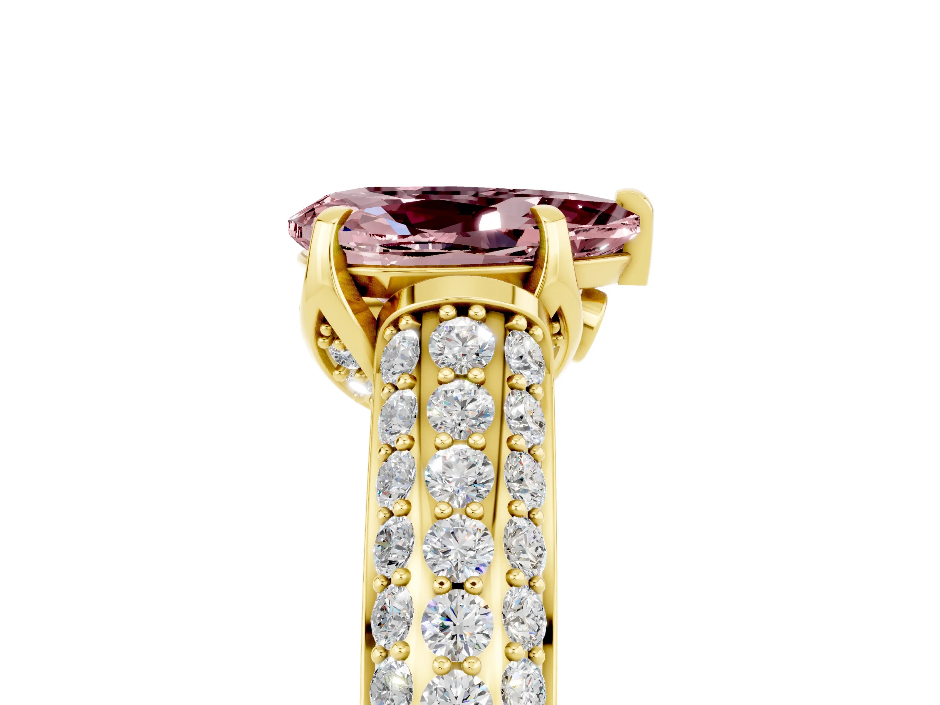 Yellow gold Pear Cut Morganite Solitaire Ring with Three-Row Pavé Band and Four-Prong Setting_17