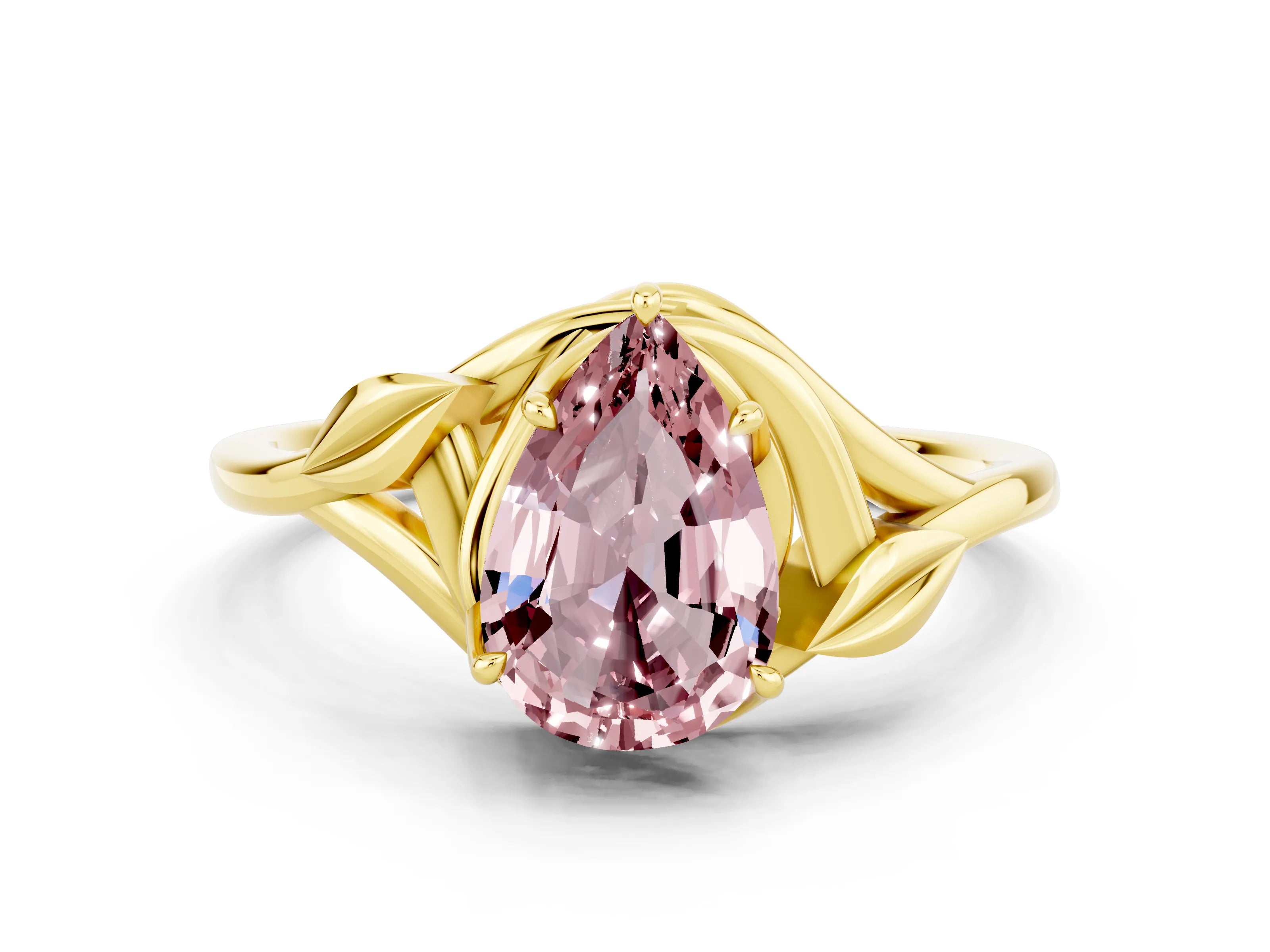 Yellow gold Pear Cut Morganite Solitaire Ring with Twist Band and Four-Prong Setting_24