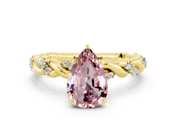 Yellow gold Pear Cut Morganite Solitaire Ring with Twisted Band and Pavé Accents