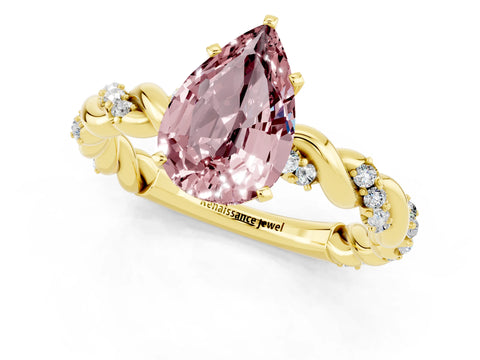 Yellow gold Pear Cut Morganite Solitaire Ring with Twisted Band and Pavé Accents_1