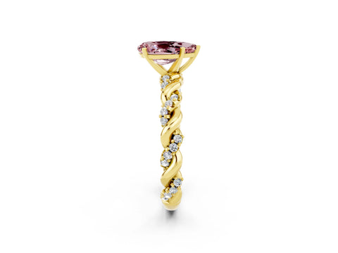 Yellow gold Pear Cut Morganite Solitaire Ring with Twisted Band and Pavé Accents_2