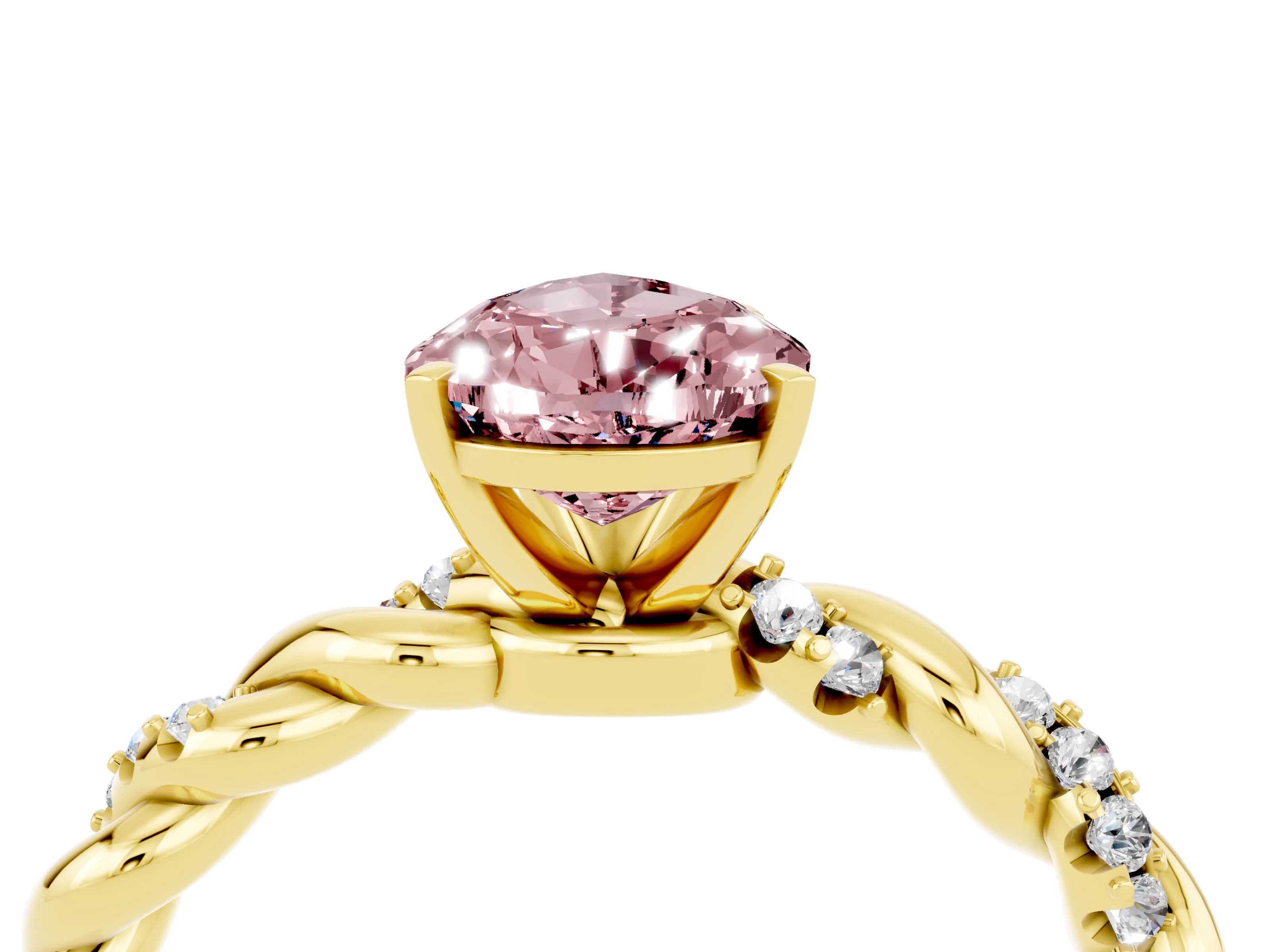 Yellow gold Pear Cut Morganite Solitaire Ring with Twisted Band and Pavé Accents_4