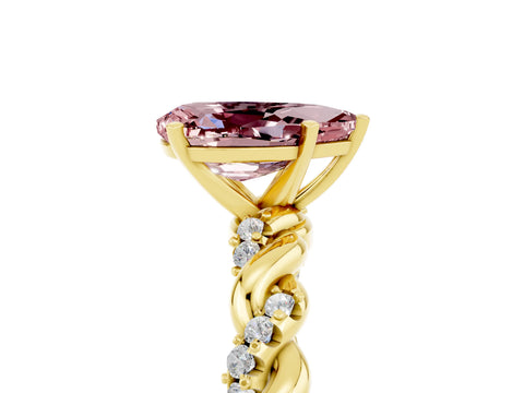 Yellow gold Pear Cut Morganite Solitaire Ring with Twisted Band and Pavé Accents_5