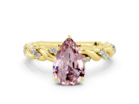 Yellow gold Pear Cut Morganite Solitaire Ring with Twisted Band and Pavé Accents