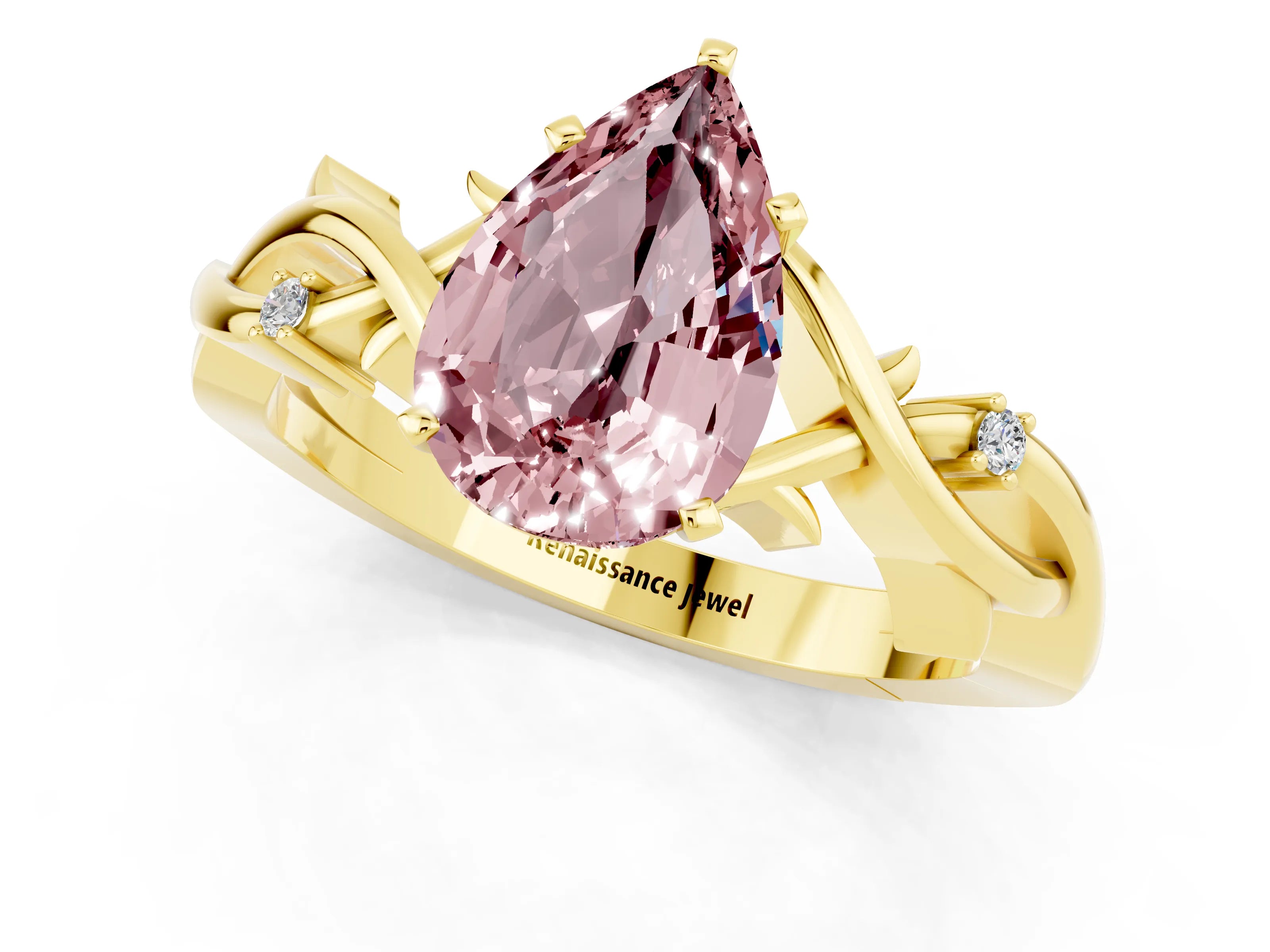 Yellow gold Pear Cut Morganite Solitaire Ring with Twisted Band and Prong Setting_1