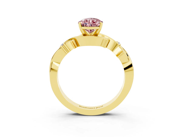 Yellow gold Pear Cut Morganite Solitaire Ring with Twisted Band and Prong Setting