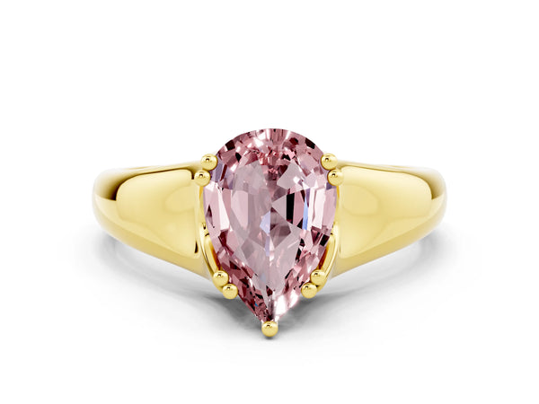Yellow gold Pear Cut Morganite Solitaire Ring with Wide Band and Prong Setting