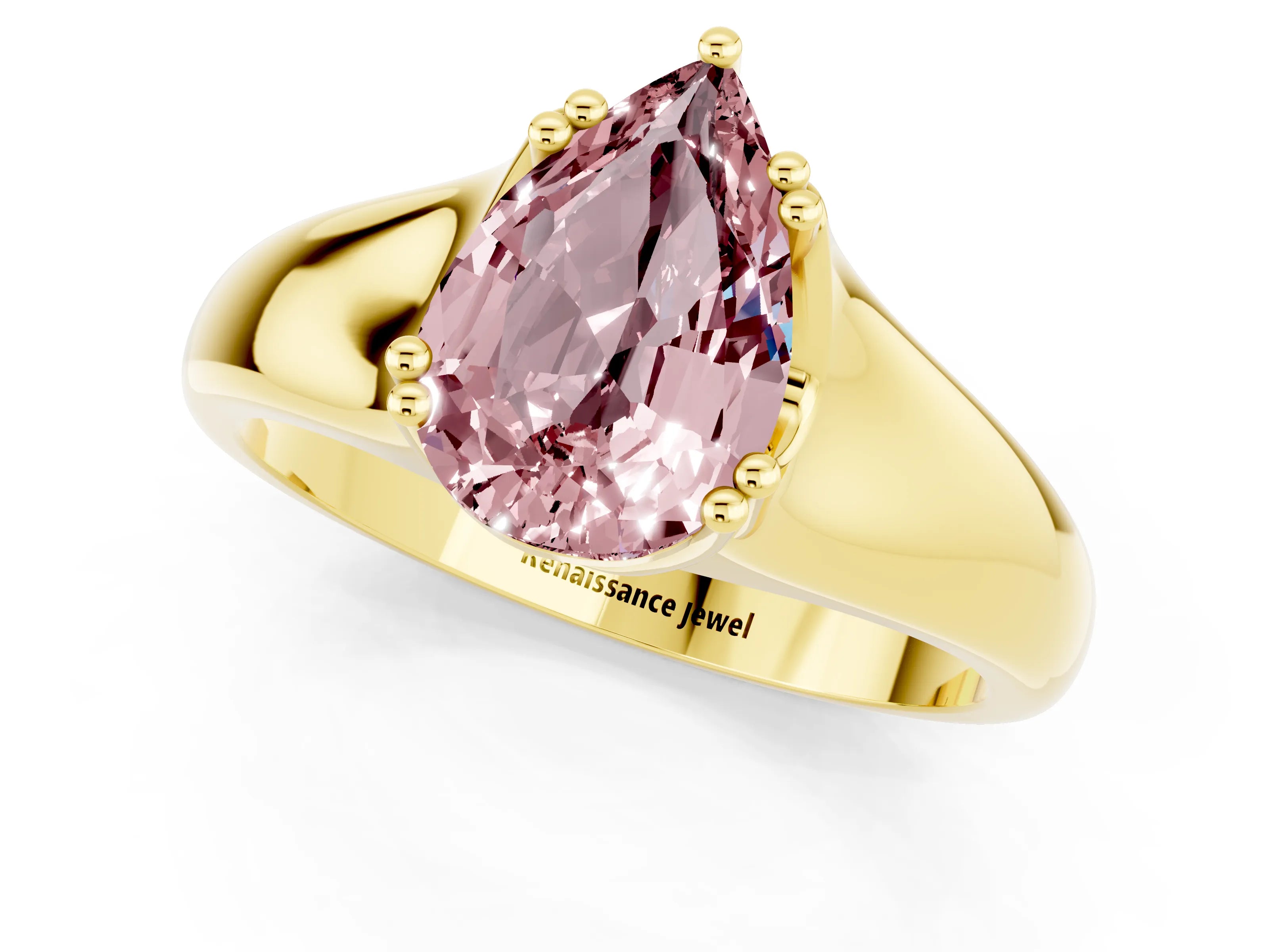 Yellow gold Pear Cut Morganite Solitaire Ring with Wide Band and Prong Setting_1
