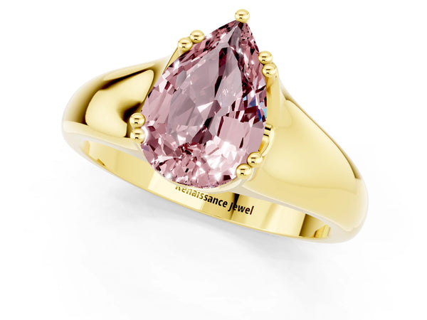 Yellow gold Pear Cut Morganite Solitaire Ring with Wide Band and Prong Setting