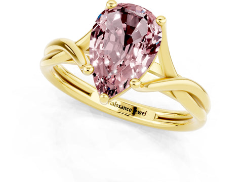 Yellow gold Pear Cut Morganite Solitaire Twist Band Prong Setting Ring_84