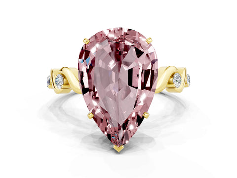 Yellow gold Pear Cut Morganite Solitaire Twisted Band with Round  Accents and Prong Setting_12