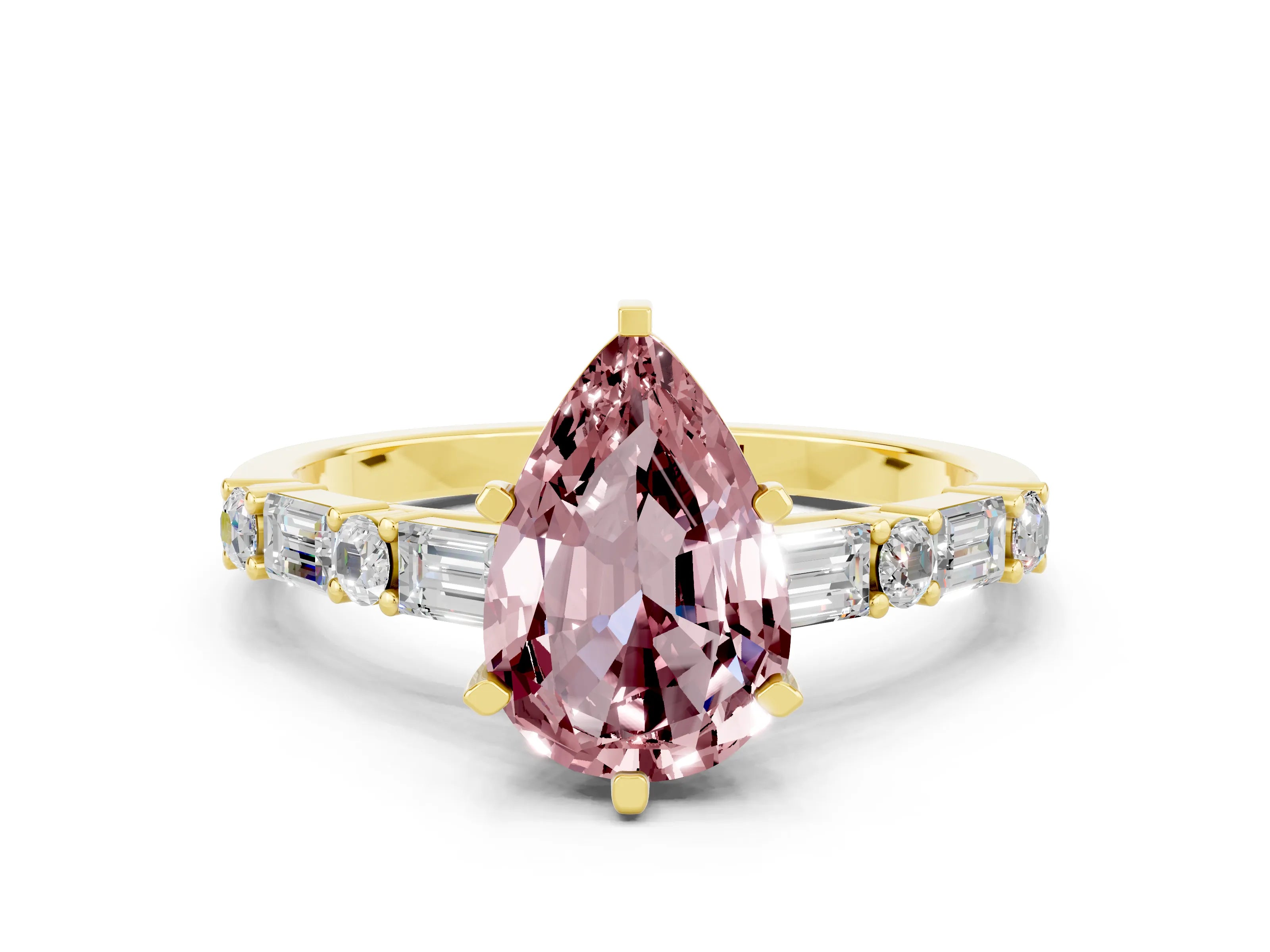 Yellow gold Pear Cut Morganite Solitaire with Side Baguettes and Channel Set Band