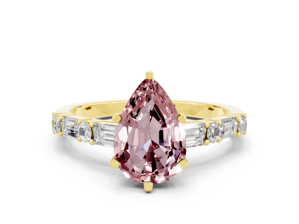 Yellow gold Pear Cut Morganite Solitaire with Side Baguettes and Channel Set Band