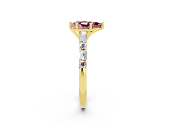 Yellow gold Pear Cut Morganite Solitaire with Side Baguettes and Channel Set Band
