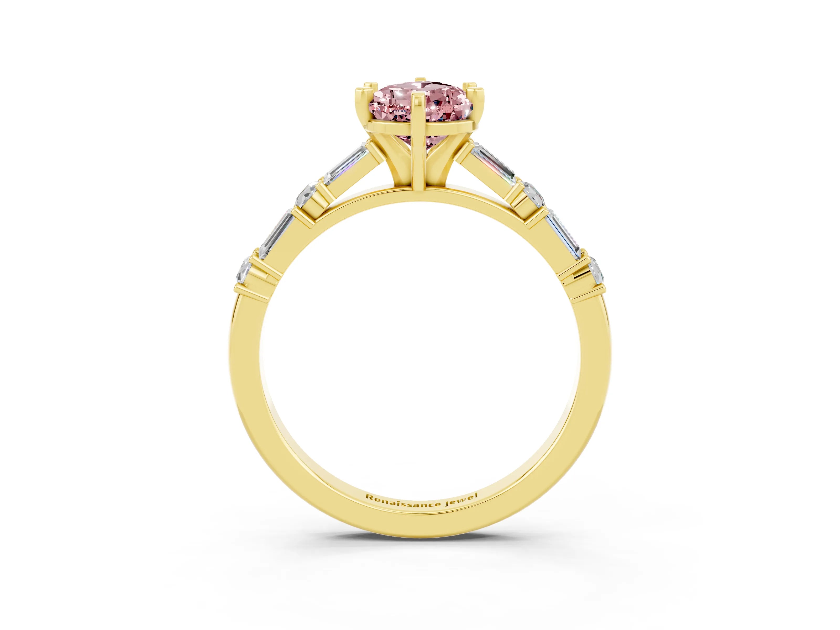 Yellow gold Pear Cut Morganite Solitaire with Side Baguettes and Channel Set Band_3