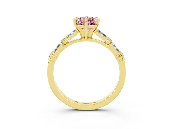 Yellow gold Pear Cut Morganite Solitaire with Side Baguettes and Channel Set Band