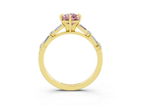 Yellow gold Pear Cut Morganite Solitaire with Side Baguettes and Channel Set Band_3