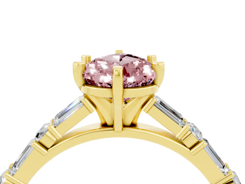 Yellow gold Pear Cut Morganite Solitaire with Side Baguettes and Channel Set Band_4