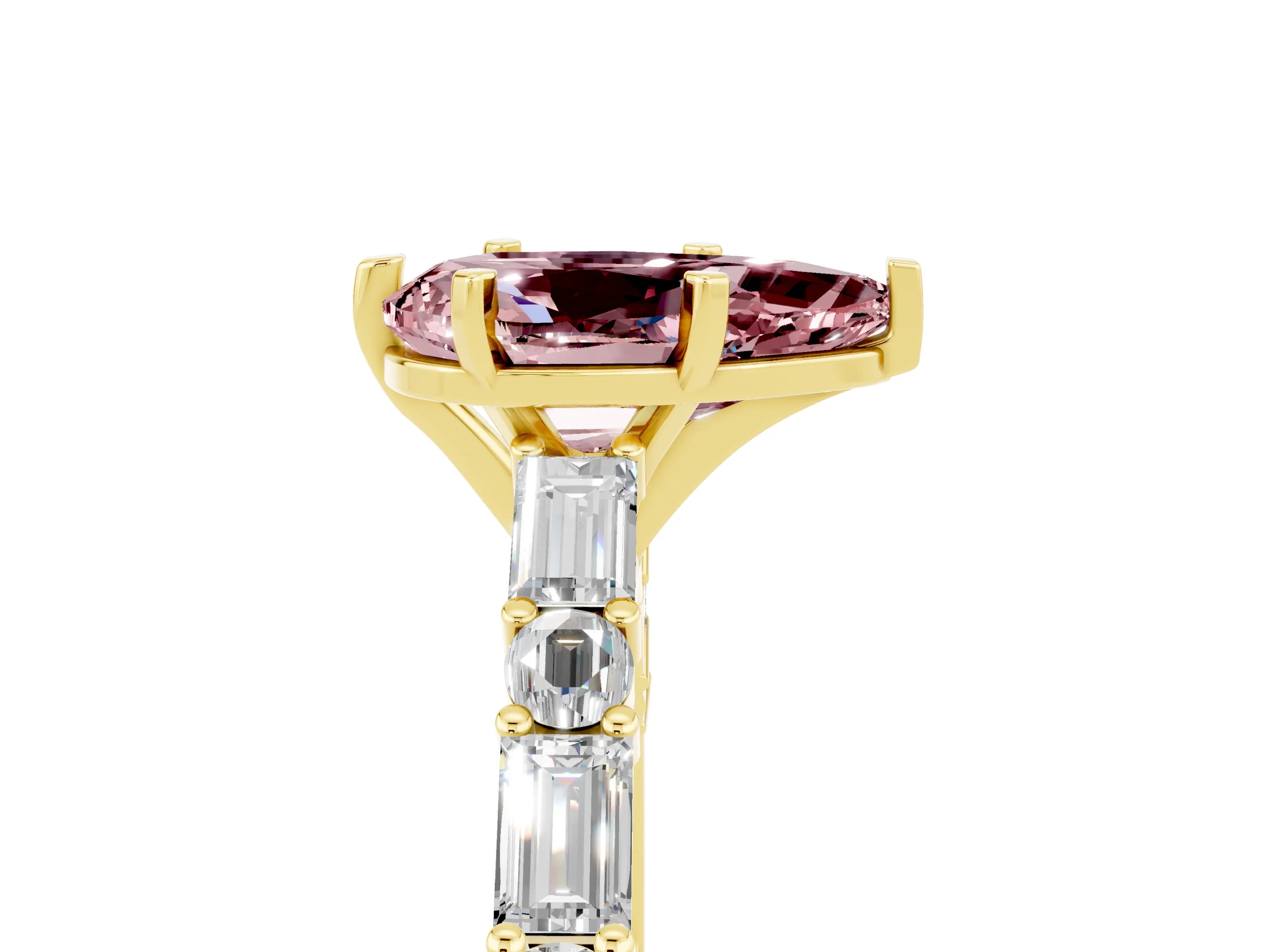Yellow gold Pear Cut Morganite Solitaire with Side Baguettes and Channel Set Band_5