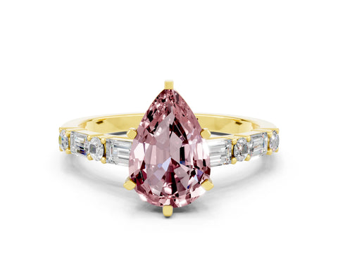 Yellow gold Pear Cut Morganite Solitaire with Side Baguettes and Channel Set Band