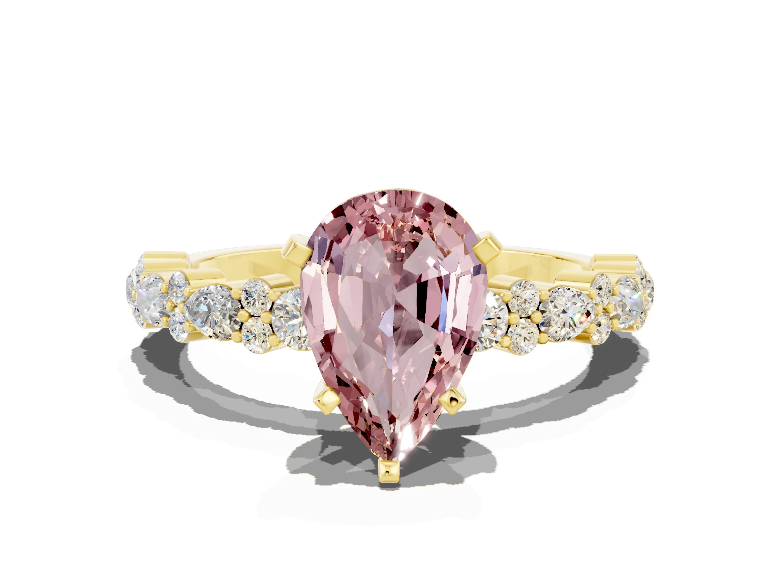 Yellow gold Pear Cut Morganite Solitaire with Side Stones, Pave Band, Four-Prong Setting_24