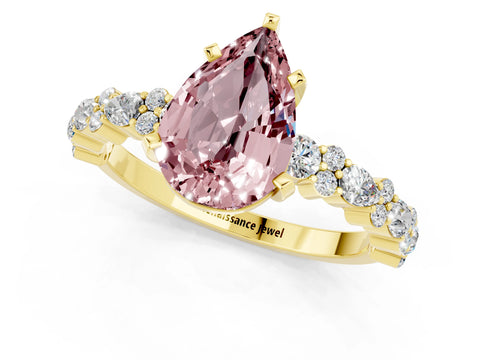 Yellow gold Pear Cut Morganite Solitaire with Side Stones, Pave Band, Four-Prong Setting_25
