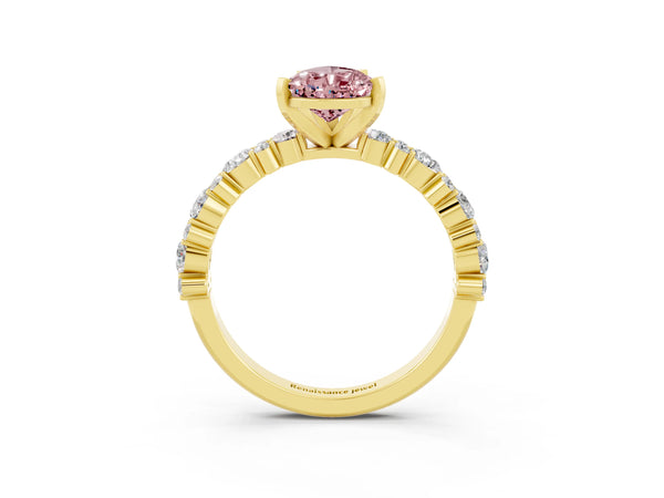 Yellow gold Pear Cut Morganite Side Stone Solitaire Ring with Round  and Four-Prong Setting