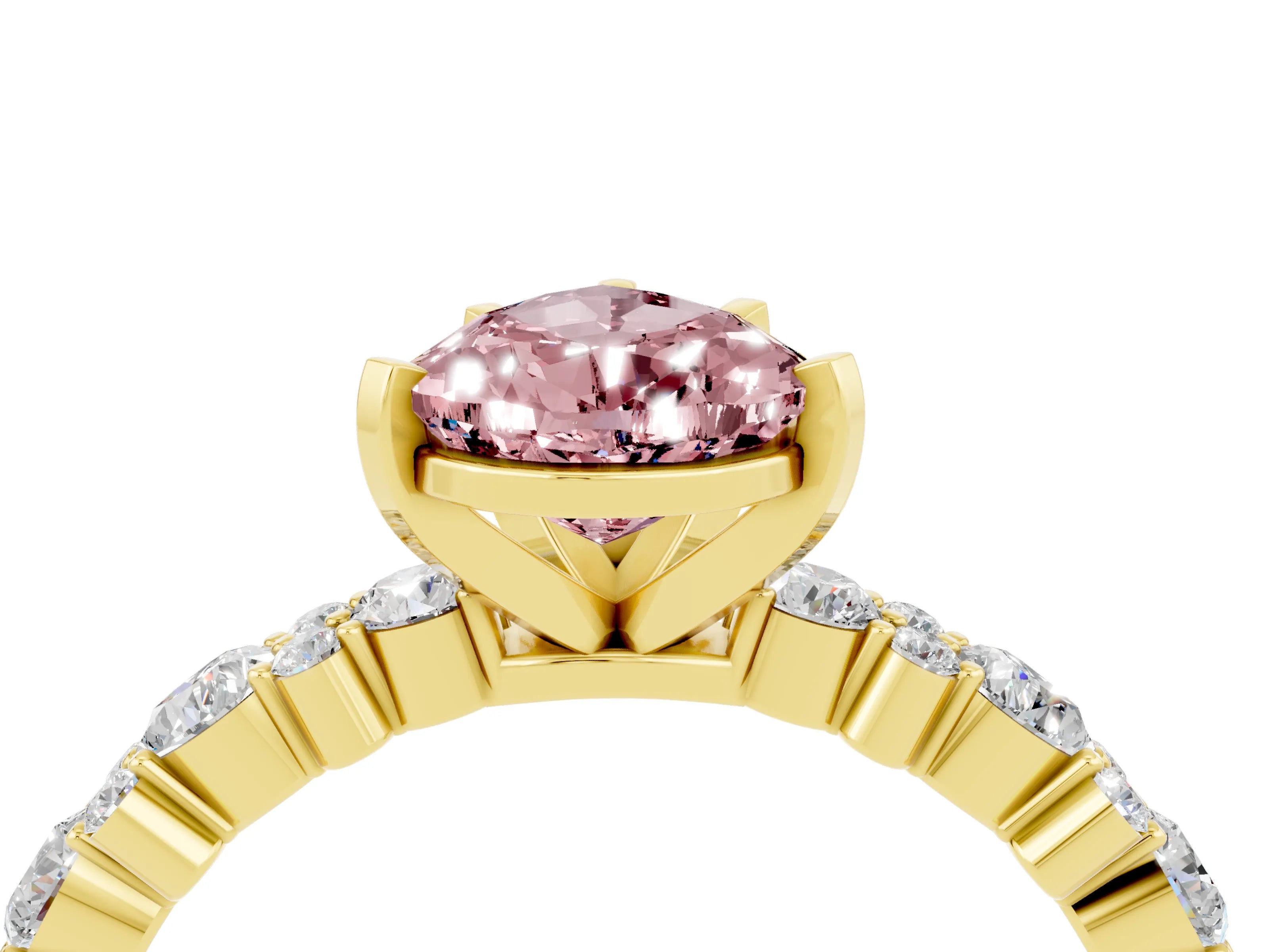 Yellow gold Pear Cut Morganite Solitaire with Side Stones, Pave Band, Four-Prong Setting_28