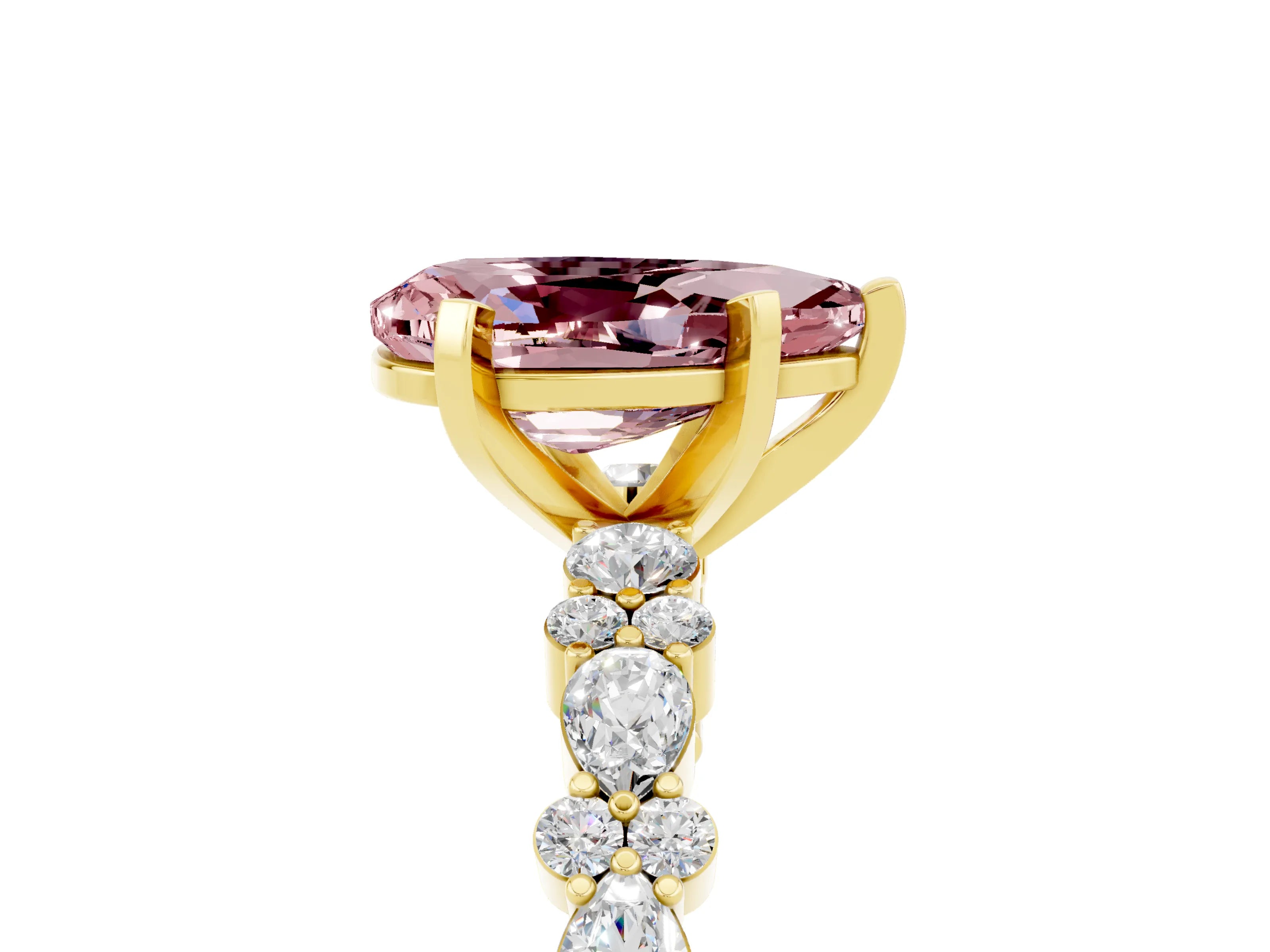 Yellow gold Pear Cut Morganite Solitaire with Side Stones, Pave Band, Four-Prong Setting_29