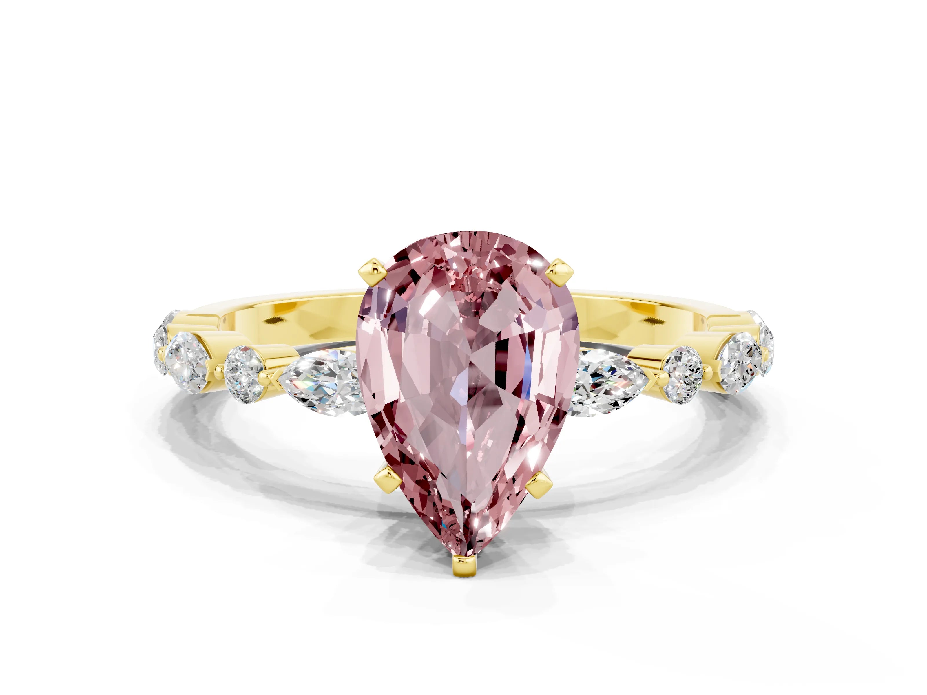 Yellow gold Pear Cut Morganite Solitaire with Side Stones on a Pavé Band and Four-Prong Setting