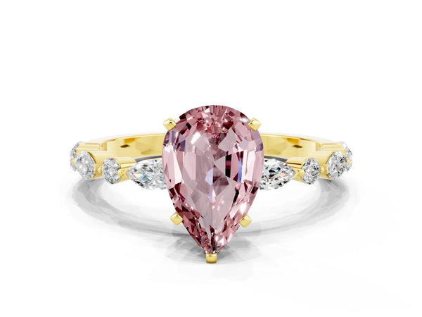 Yellow gold Pear Cut Morganite Ring with Marquise and Round  Side Stones and Four-Prong Setting
