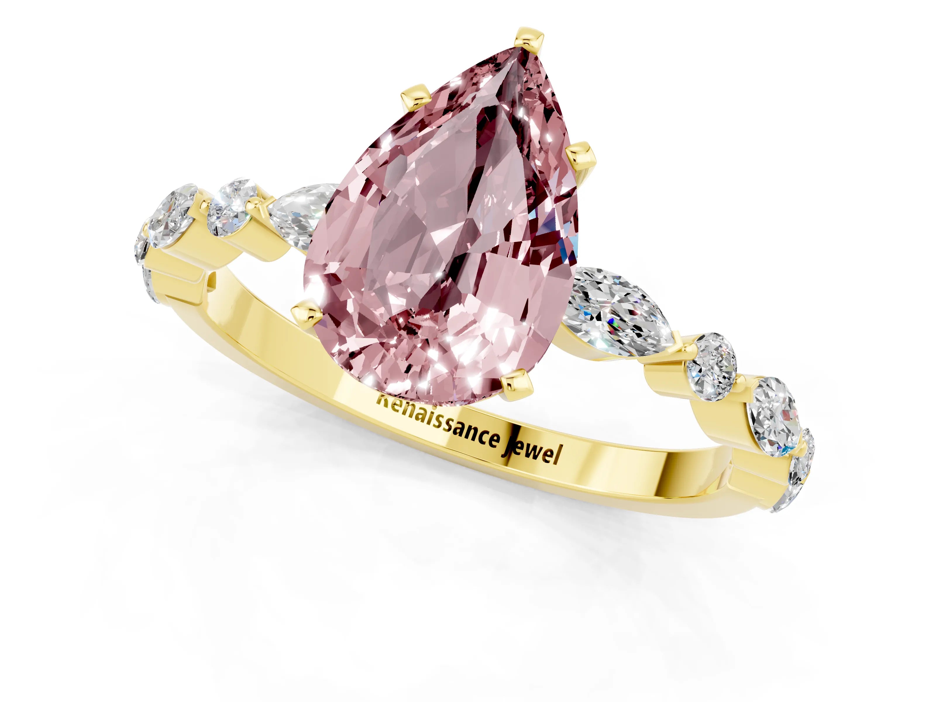 Yellow gold Pear Cut Morganite Solitaire with Side Stones on a Pavé Band and Four-Prong Setting_1