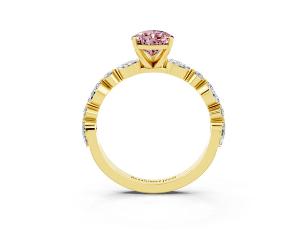 Yellow gold Pear Cut Morganite Ring with Marquise and Round  Side Stones and Four-Prong Setting