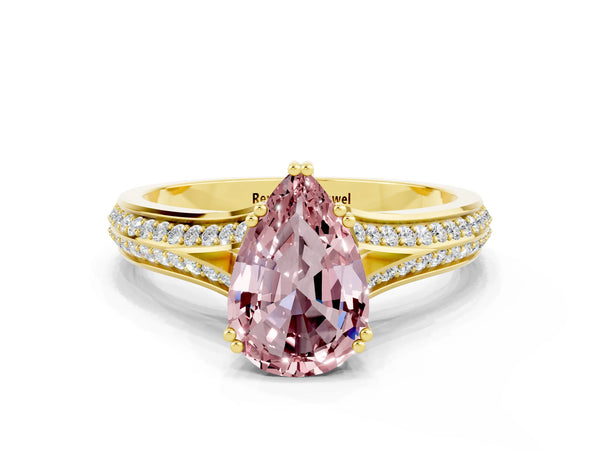 Yellow gold Pear Cut Morganite Split Shank Engagement Ring with Pavé Band