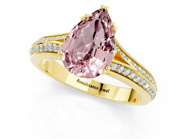 Yellow gold Pear Cut Morganite Split Shank Engagement Ring with Pavé Band