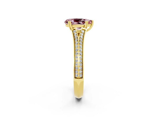 Yellow gold Pear Cut Morganite Split Shank Engagement Ring with Pavé Band