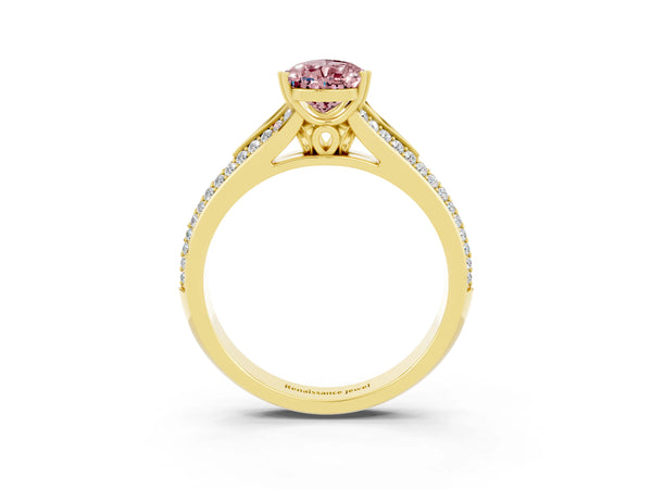 Yellow gold Pear Cut Morganite Split Shank Engagement Ring with Pavé Band