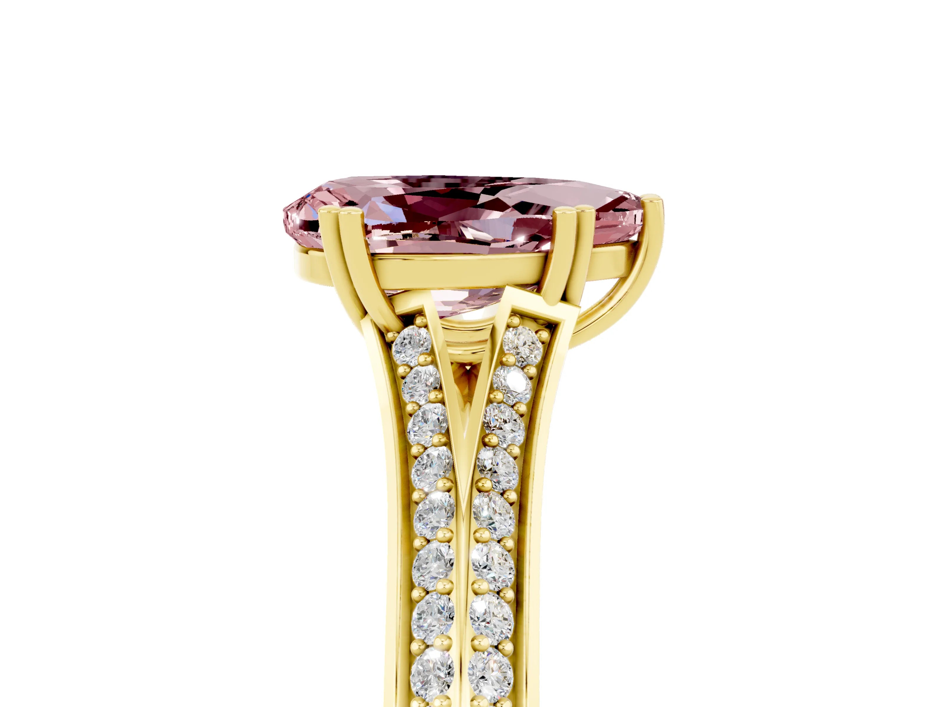 Yellow gold Pear Cut Morganite Split Shank Engagement Ring with Pavé Band_5