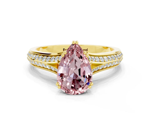 Yellow gold Pear Cut Morganite Split Shank Engagement Ring with Pavé Band