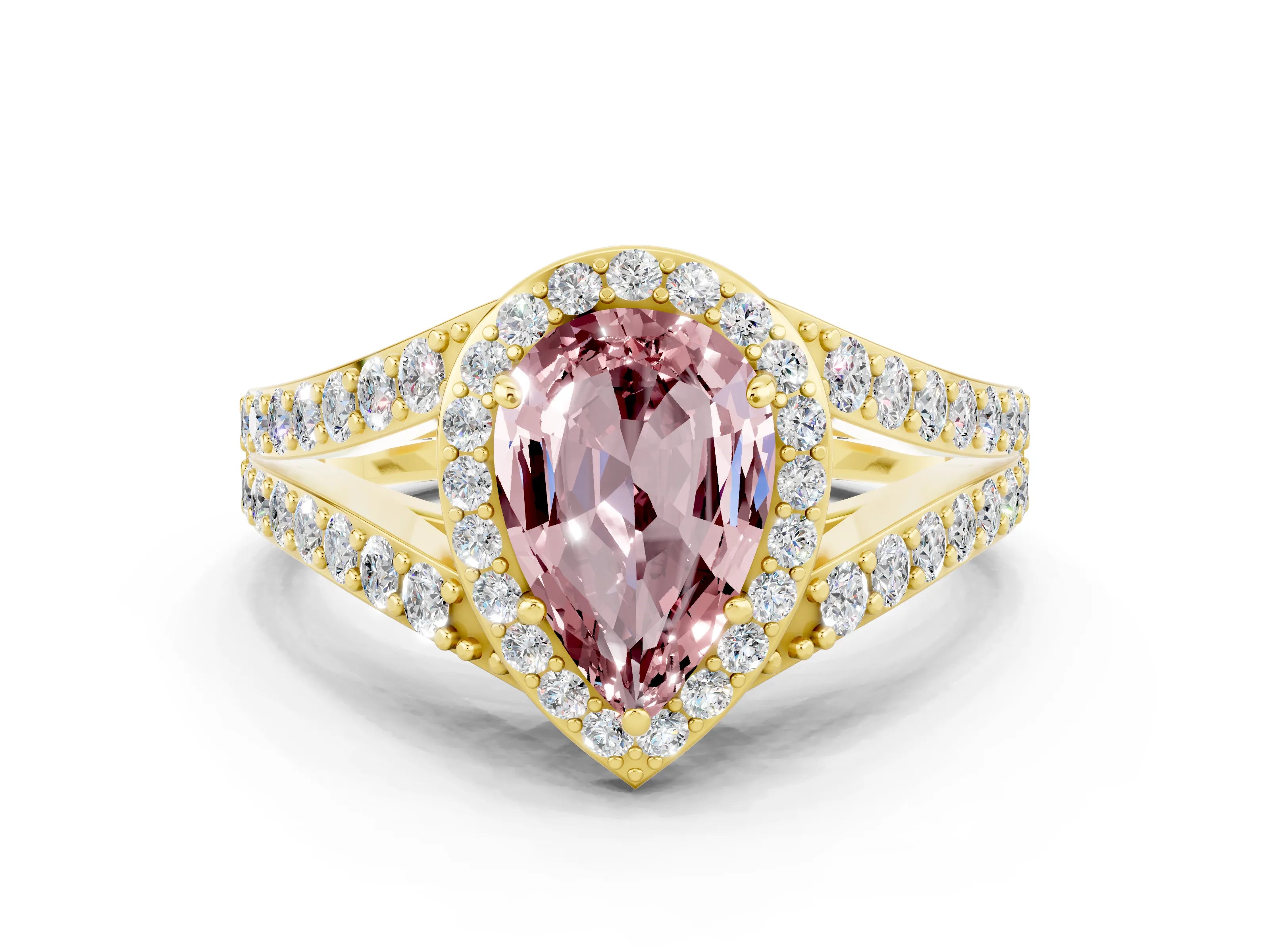 Yellow gold Pear Cut Morganite Split Shank Halo Ring with Four-Prong Setting_12