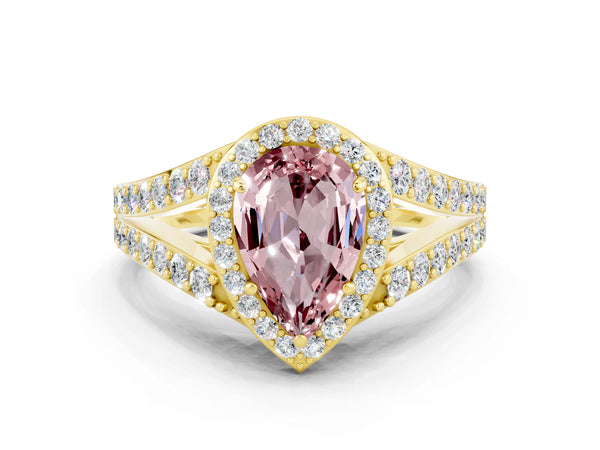 Yellow gold Pear Cut Morganite Split Shank Halo Ring with Four-Prong Setting