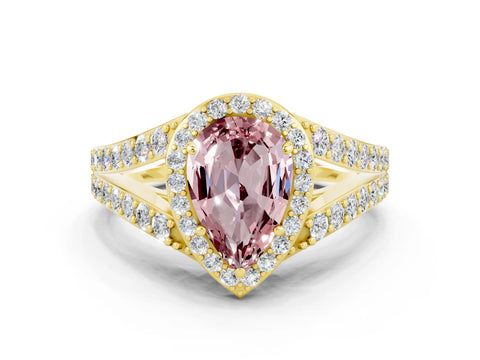 Yellow gold Pear Cut Morganite Split Shank Halo Ring with Four-Prong Setting_12